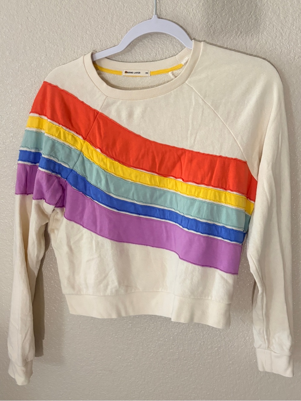 Marine Layer Cream Crewneck with Rainbow Diagonal Stripes